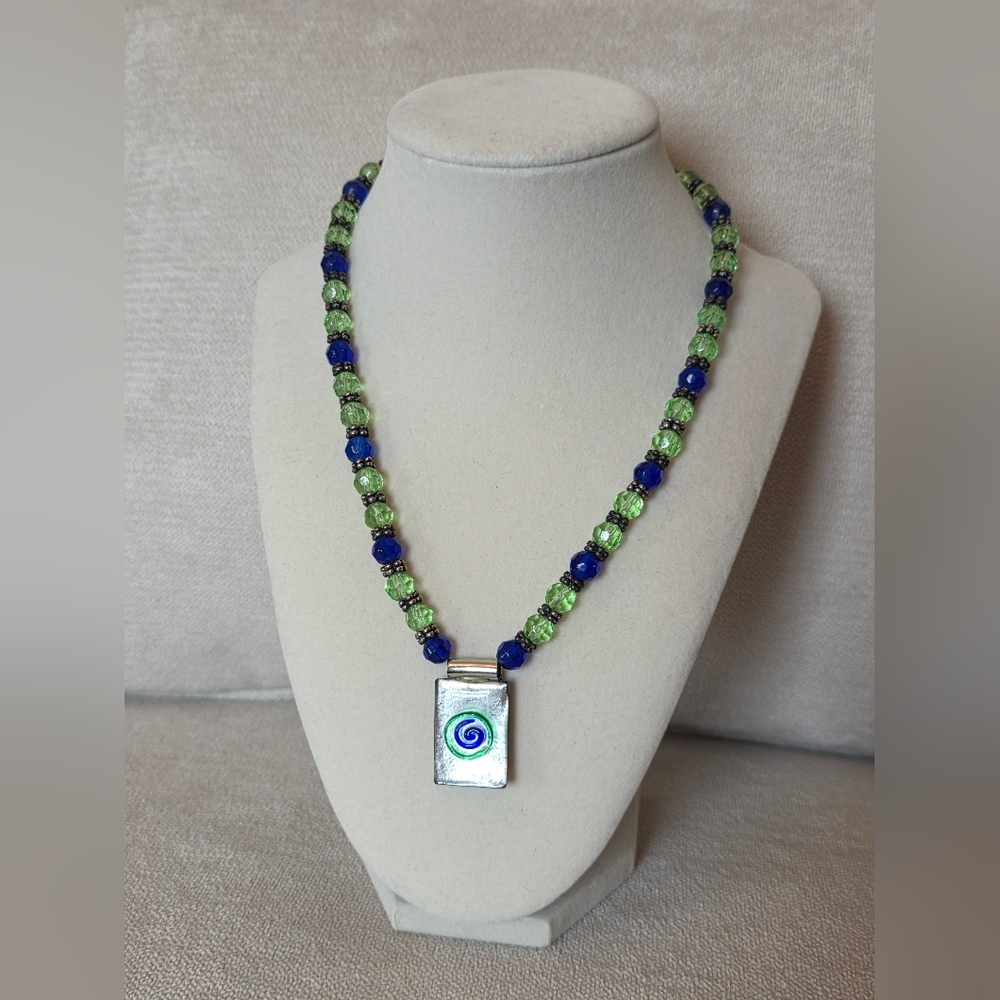 Green and Blue Glass Beaded Necklace With Spiral Pendant